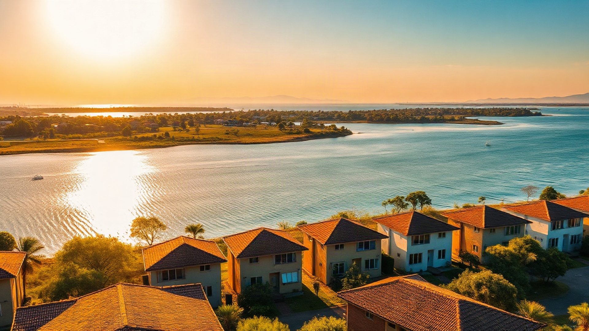 Aerial view of Kisumu lakefront properties at dawn with Lake Victoria in the distance