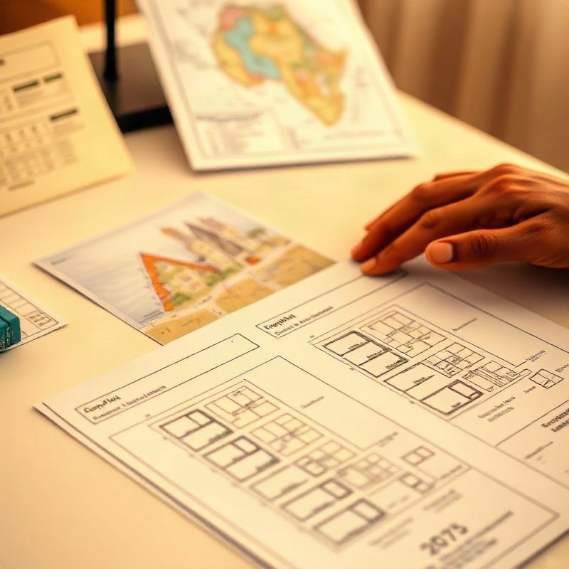 Close-up of property documents and site-plan drawings on a clean desk with a Kisumu county map in the background